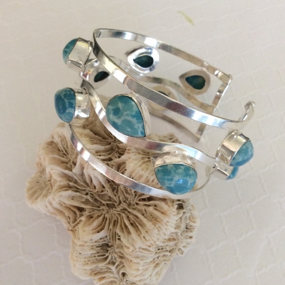 Sterling Silver 925 Caribbean Larimar Cuff Bracelet - Picture 4 of 6